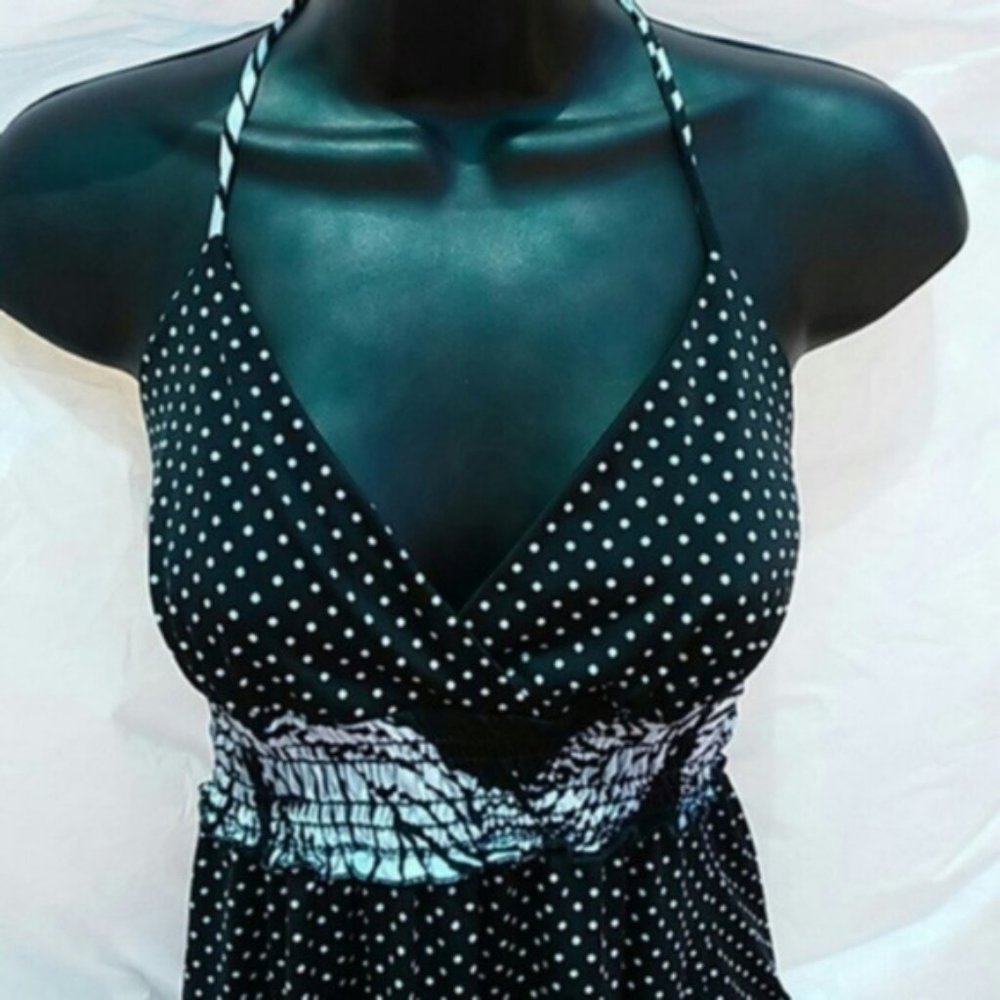 Black and white polka dot halter top